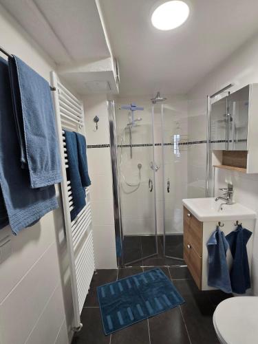 a bathroom with a shower and a sink at Ferienwohnung Casa Orlandini in Bad Reichenhall