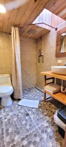 a bathroom with a toilet and a sink at Casa Ecológica Al Pie Del Volcán in Otavalo