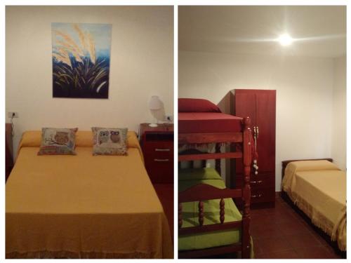 two pictures of a bedroom with a bed and a bunk room at Wara Kusi cottages, in Salta Argentina in Salta