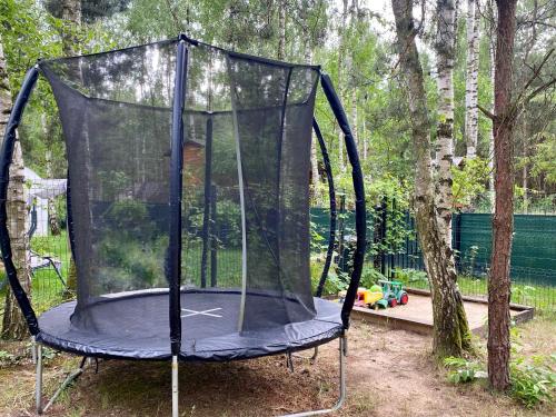 a trampoline with a canopy in a park at DOMEK W BRZOZACH nad jeziorem z balią na wyłączność in Lgiń