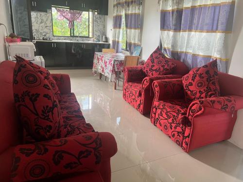 ein Wohnzimmer mit 2 roten Stühlen und einem Tisch in der Unterkunft Island Guesthouse - entire one bedroom unit with kitchen & a bathroom centrally located in Votualevu in Nadi