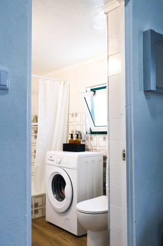 a bathroom with a washing machine and a toilet at Casa da Avó Couta in Angra do Heroísmo