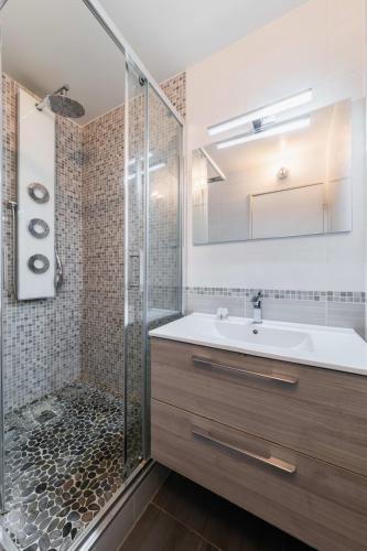 une salle de bain avec douche et lavabo dans l'établissement Appartement Versailles Eiffel, à Vanves