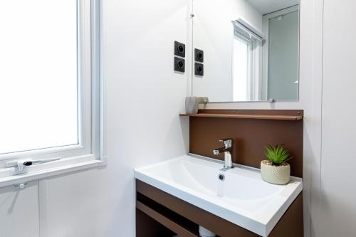 une salle de bain avec un lavabo et un miroir dans l'établissement Camping 4 étoiles Piscines et Plage 3 chambres 6 pers - Mallet, à La Turballe