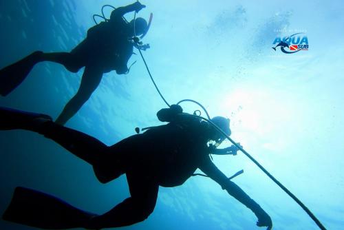 two people are scuba diving in the water at Posada Turística Rocas De Cabo Marzo in Bahía Solano