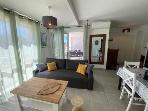 un salon avec un canapé et une table dans l'établissement Bel T2 climatisé à Port Leucate - 4 pers - Terrasse - PKG privé - Proche plage - FR-1-727-29, à Leucate