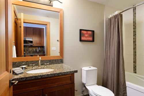 a bathroom with a sink and a toilet and a mirror at Summertime Sanctuary Top-floor Mountain Studio in Snowmass Village