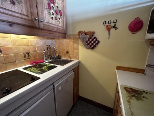 une cuisine avec un évier et un plan de travail dans l'établissement Studio confortable pour 4 avec vue pistes, Ski-in/Ski-out - FR-1-452-356, aux Menuires