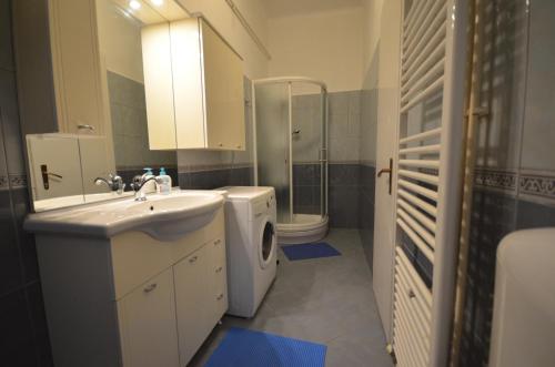 Un baño con lavabo, inodoro y ducha. en Apartment Porto Baross, en Rijeka
