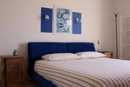 ein blaues Bett mit zwei Kissen in einem Schlafzimmer in der Unterkunft villa Peylon in Flayosc