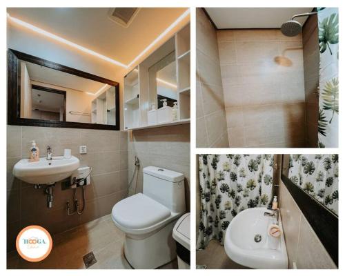 3 Bilder eines Badezimmers mit WC und Waschbecken in der Unterkunft Hooga Home Be Residences Near IT Park in Cebu City