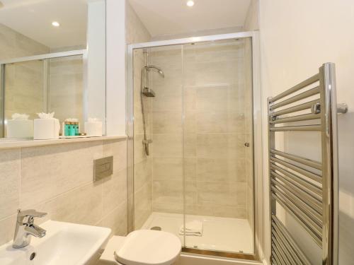 uma casa de banho com um chuveiro, um WC e um lavatório. em The Arthur Suite Stone Cross Mansion em Ulverston