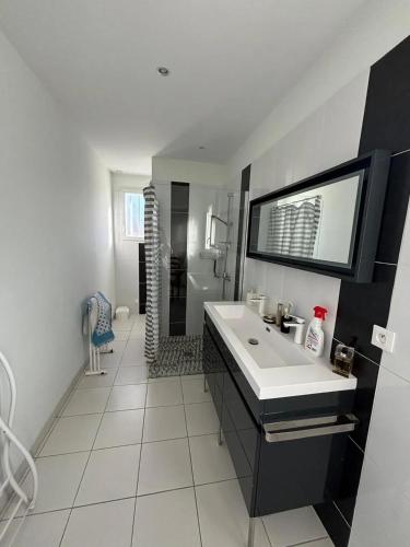 La salle de bains est pourvue d'un grand lavabo blanc et d'une baignoire. dans l'établissement Villa charmante à Saint-Georges-de-Didonne avec piscine privée., à Saint-Georges-de-Didonne