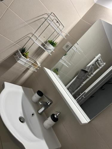 a bathroom with a white sink and a mirror at Danubius Delta Tulcea in Tulcea