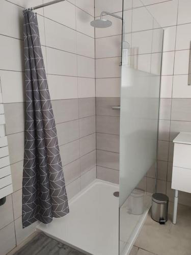 une douche avec une porte vitrée dans une salle de bain dans l'établissement Maison de campagne, à Fenneviller