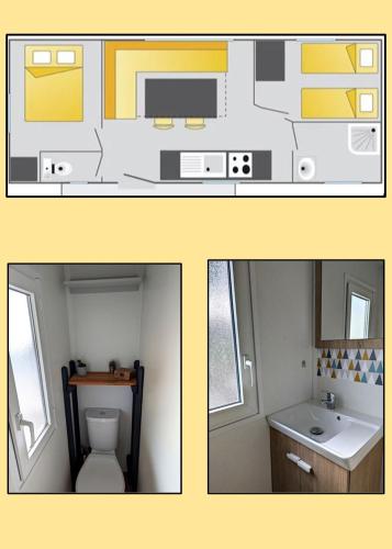 - deux photos d'une salle de bains avec toilettes et lavabo dans l'établissement Mobilhome avec piscine- plage à 10 minutes, à Saint-Aygulf
