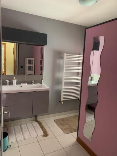 une salle de bain avec un lavabo et un miroir dans l'établissement Gîtes Domaine De Silhac Ardèche, à Silhac