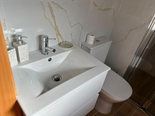 a bathroom with a white sink and a toilet at Chalet do Soajo in Arcos de Valdevez