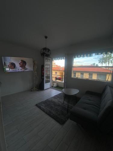 un salon avec un canapé et une grande fenêtre dans l'établissement Nice apartment - Valrose - Cosy & Chill, à Nice