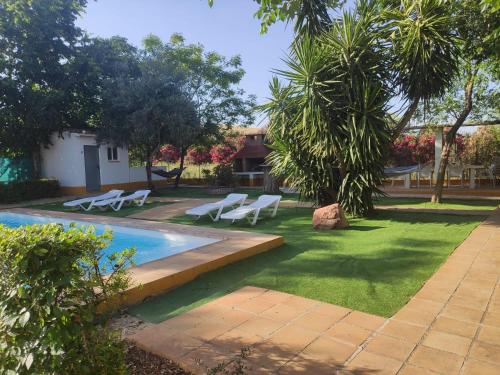 podwórko z basenem z białymi krzesłami i drzewami w obiekcie Cortijo el Morisco. w mieście Espera