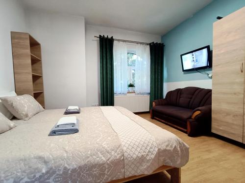 sypialnia z łóżkiem, kanapą i telewizorem w obiekcie Villa Karolina w Krakowie