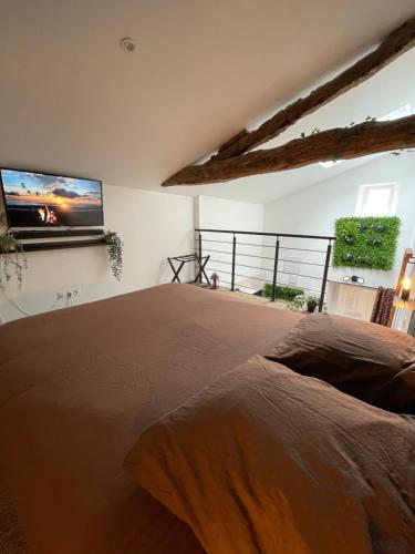 a bedroom with a bed and a flat screen tv at Casa del Jaguar in Gorges