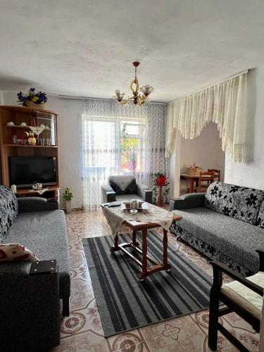 Guest House Leskovik في Leskovik: غرفة معيشة مع أريكة وطاولة قهوة