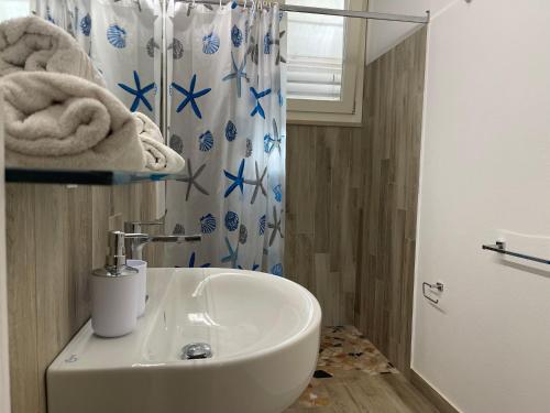 a bathroom with a sink and a shower at Appartamento Dragunara in Alghero