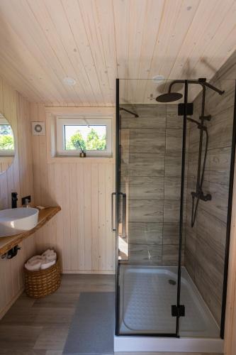 a bathroom with a shower with a glass door at Baltic Beach Houses & Jomas in Jūrmala
