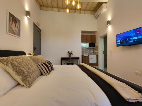 a bedroom with a large bed with a tv on the wall at Sbejha Guest House in Naxxar
