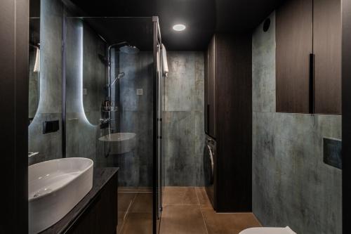 Un baño con ducha, lavabo e inodoro. en Paupys lofts, en Vilna