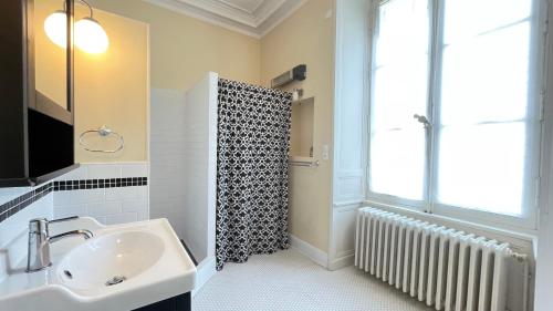 a bathroom with a sink and a window and a shower at Le Clos de Paris in Fresnay-sur-Sarthe