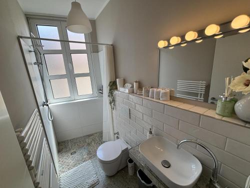 a bathroom with a sink and a toilet and a mirror at Work & Relax in Maintal in Maintal