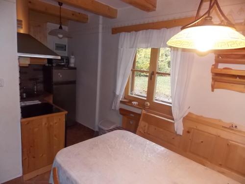 a kitchen with a bed and a window and a light at Holiday House Kaja in Mojstrana