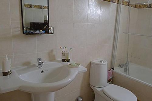 ein Badezimmer mit Waschbecken, Toilette und Spiegel in der Unterkunft Appartement de charme dans villa avec piscine in Saint-François