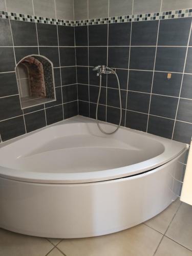 La salle de bains est pourvue d'une baignoire et d'une douche. dans l'établissement la ciotat belle maison centre ville avec parking, à La Ciotat