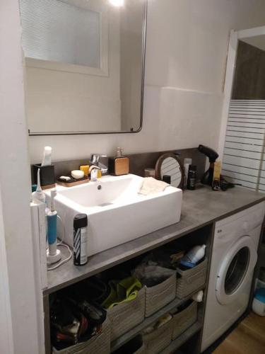 une salle de bain avec un lavabo et une machine à laver dans l'établissement Studio neuf climatisé au cœur de Juan-les-Pins, à Antibes