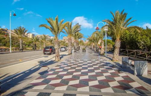 a street with palm trees and a checkered sidewalk at 2 Bedroom Awesome Home In Elche in Elche