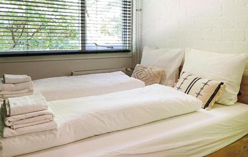 a bedroom with two beds with white sheets and pillows at Awesome Home In Rheezerveen With Sauna in Rheezerveen