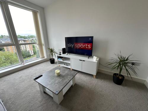 a living room with a tv and a coffee table at Luxury 1 Bed Apartment Hemel Hempstead Sleeps 4 Luton Airport Nearby in Hemel Hempstead