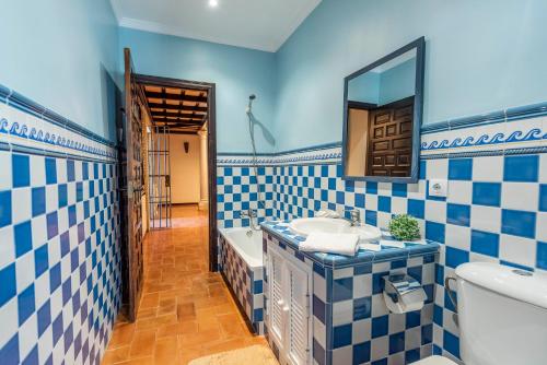 un bagno blu e bianco con lavandino e specchio di Casa Rural La Teja a Marchena