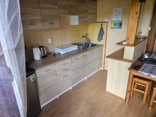 a small kitchen with wooden cabinets and a sink at Domek u Marysi in Bukowiec
