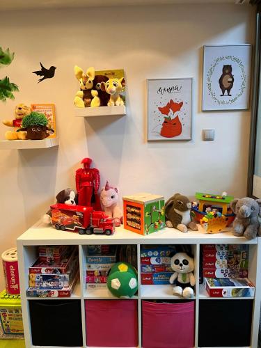 a shelf filled with stuffed animals and toys at 4 Pory Roku Resort Sauna & Spa in Bąkowo