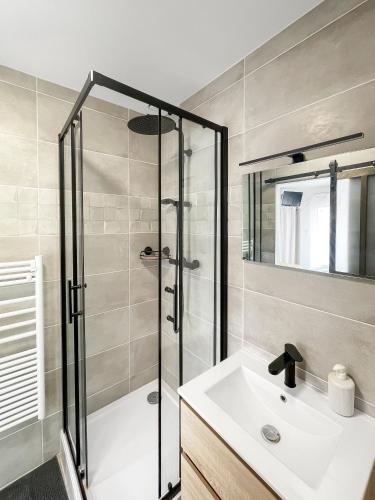 une salle de bain avec douche et lavabo dans l'établissement Studio entre Bordeaux et l'Atlantique avec Jacuzzi, à Saint-Médard-en-Jalles