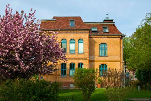 a large brick building with a flowering tree in front of it at Apartments am Schlosspark in Senftenberg