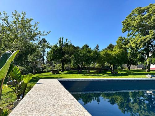 a swimming pool in a park with trees at Casa S.Cláudio - rural home near Viana do Castelo in Nogueira