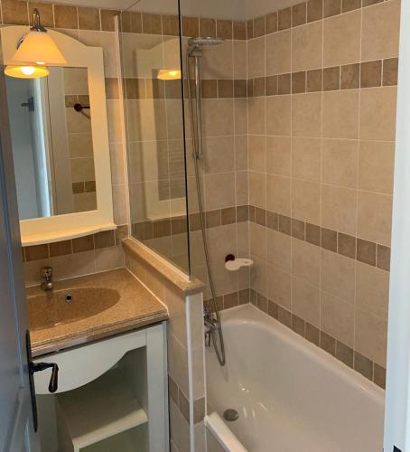 une salle de bain avec une baignoire, un lavabo et une douche dans l'établissement Maison duplex - Domaine P&V Le Rouret - Proche Vallon Pont d'Arc, à Grospierres