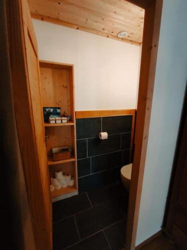 une petite salle de bain avec toilettes et carrelage noir dans l'établissement Loft Sainte Marie, à Lanslebourg-Mont-Cenis