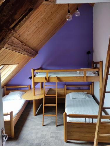 Cette chambre comprend 2 lits superposés et un mur violet. dans l'établissement Gîte de la Peyrouse, à Saint-Jean-de-Vaux