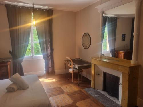 een slaapkamer met een open haard, een bed en een bureau bij Le Manoir du Thouron in Saint-Sulpice
